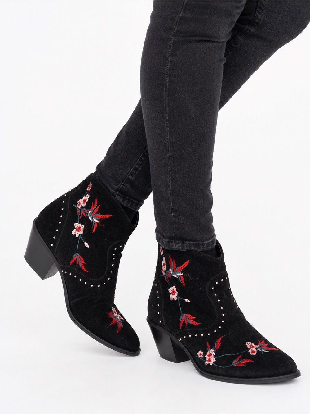 Embroidered Black Ankle Boots